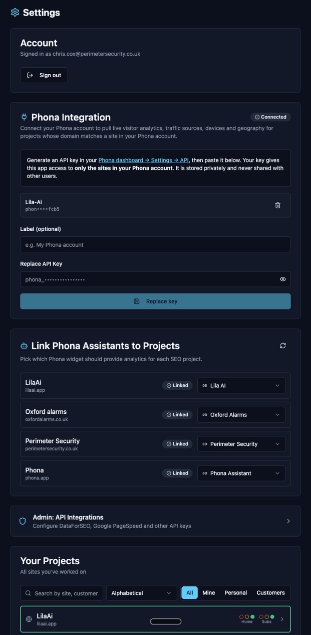Settings page showing multiple sites linked