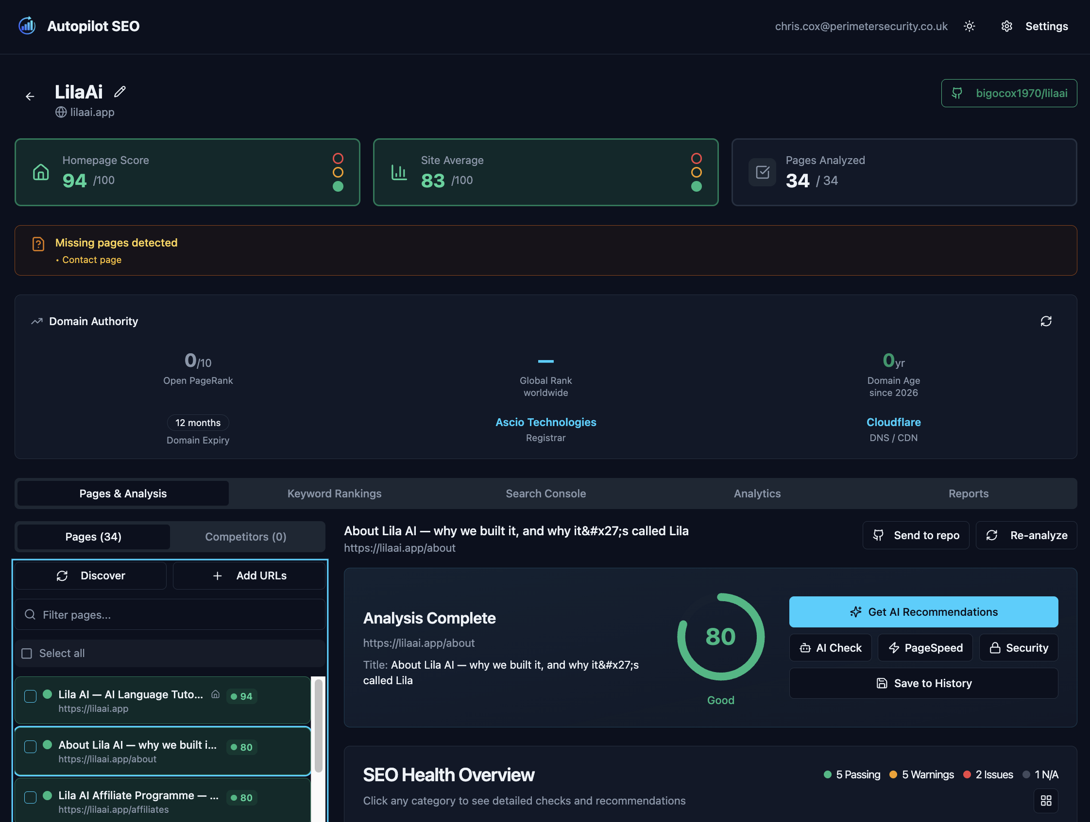 Autopilot SEO dashboard showing scores, domain authority and page analysis